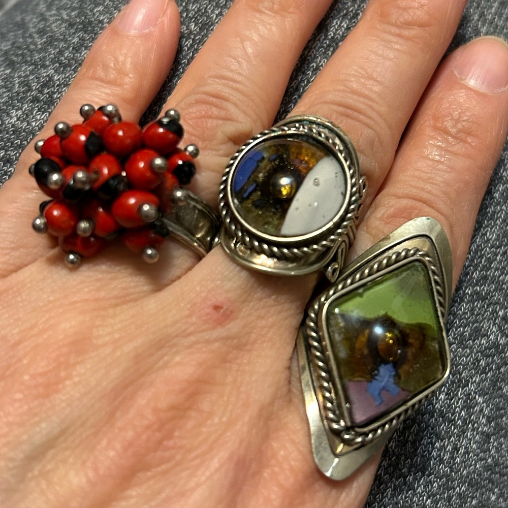 3 cool mystic rings adjustable size. Sterling & silver tone. Eye catching lucky